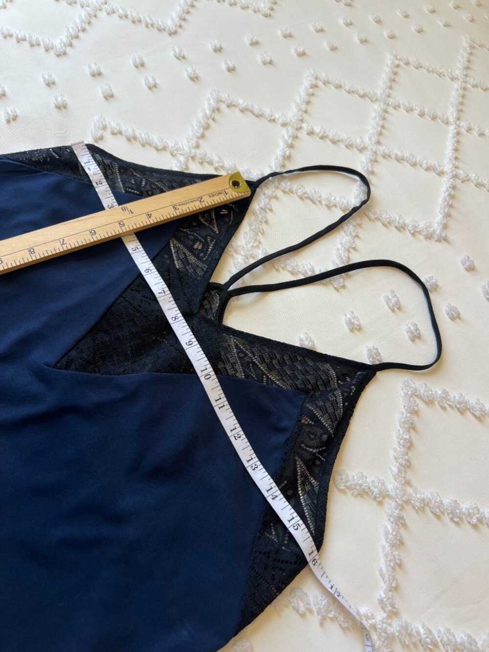 Express Navy Blue Cami Top Black Lace Trim V-Neck Spaghetti Strap SIZE MEDIUM - Picture 12 of 16